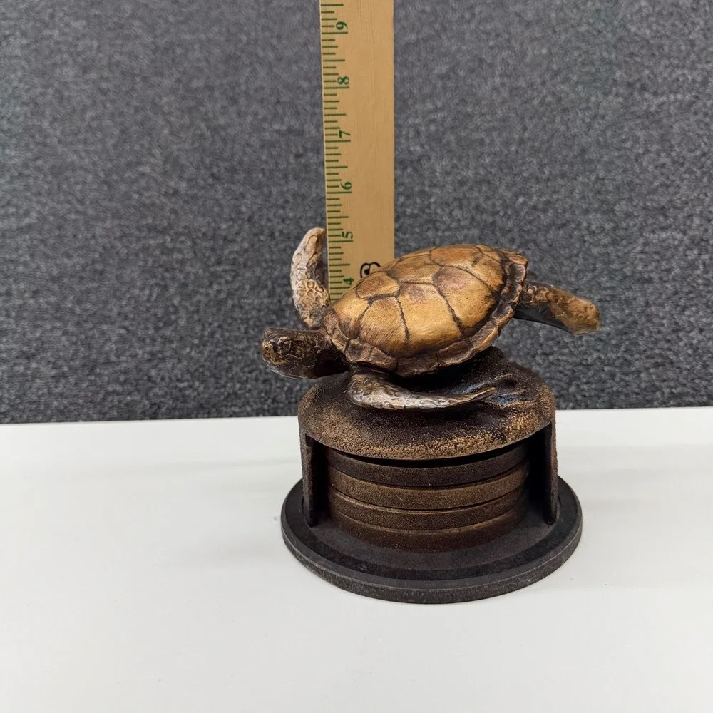 Sea Turtle Coaster Set with Holder Bronze Tone Nautical Coastal Decor 5pc Set